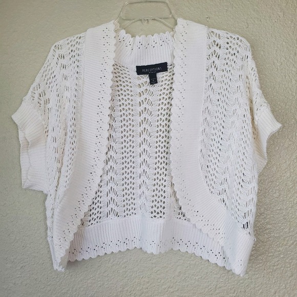 PERCEPTIONS Women's Short Sleeve Embroidered Open Knit Cropped Cardigan White 1X - Picture 1 of 6